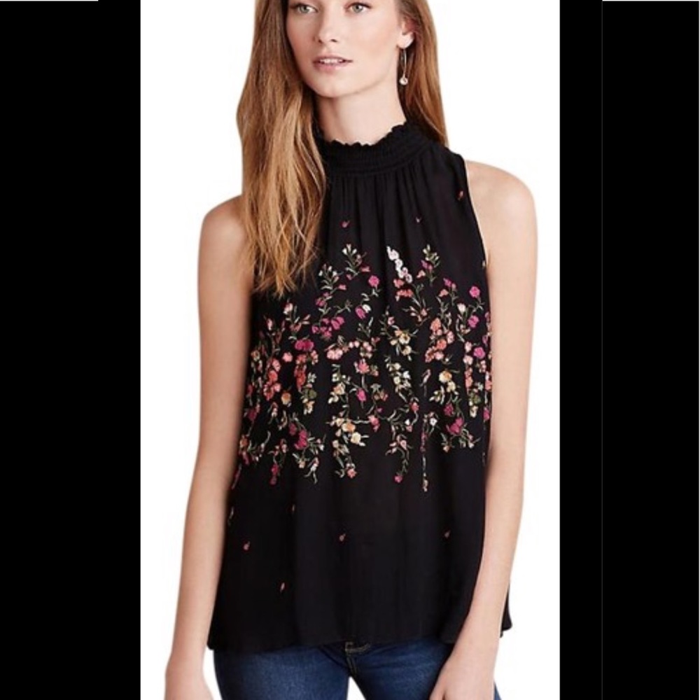 Anthropologie Black Tank with Embroidered Flowers